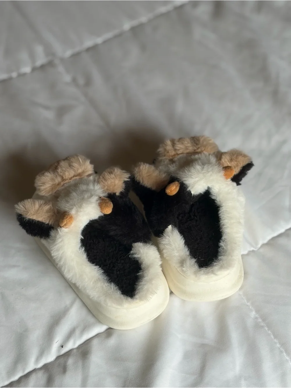 Toddlers Plush Cow Slippers - Cream, Brown & Black